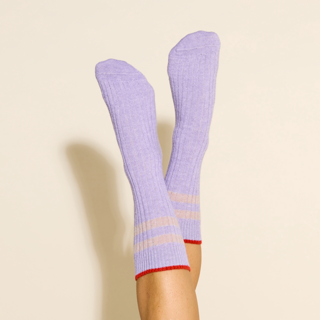 Set of 3: Knitted Wool Socks - Ecru/Lilac/Popeia Red