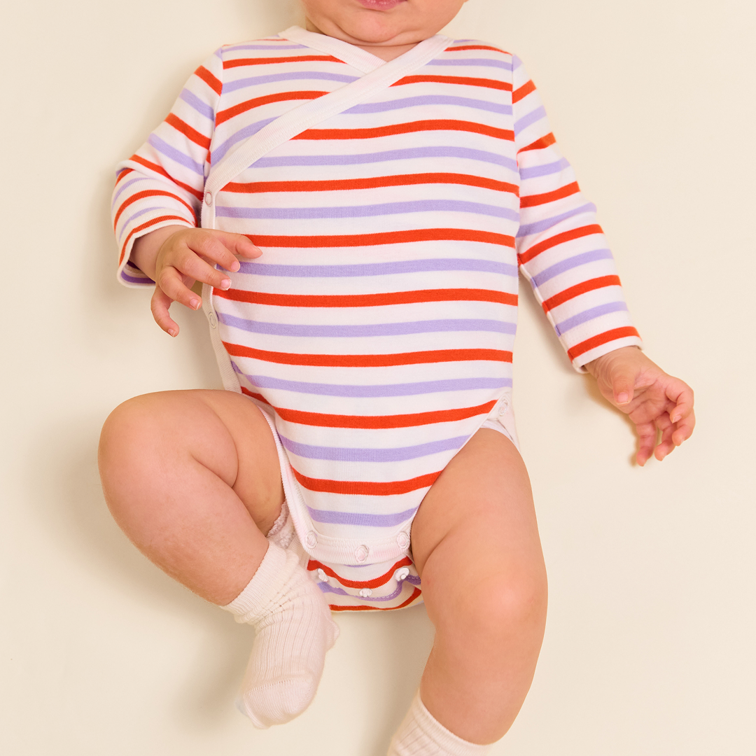 Baby Body Gestreift aus Bio-Baumwolle in Lila/Rot/Weiß