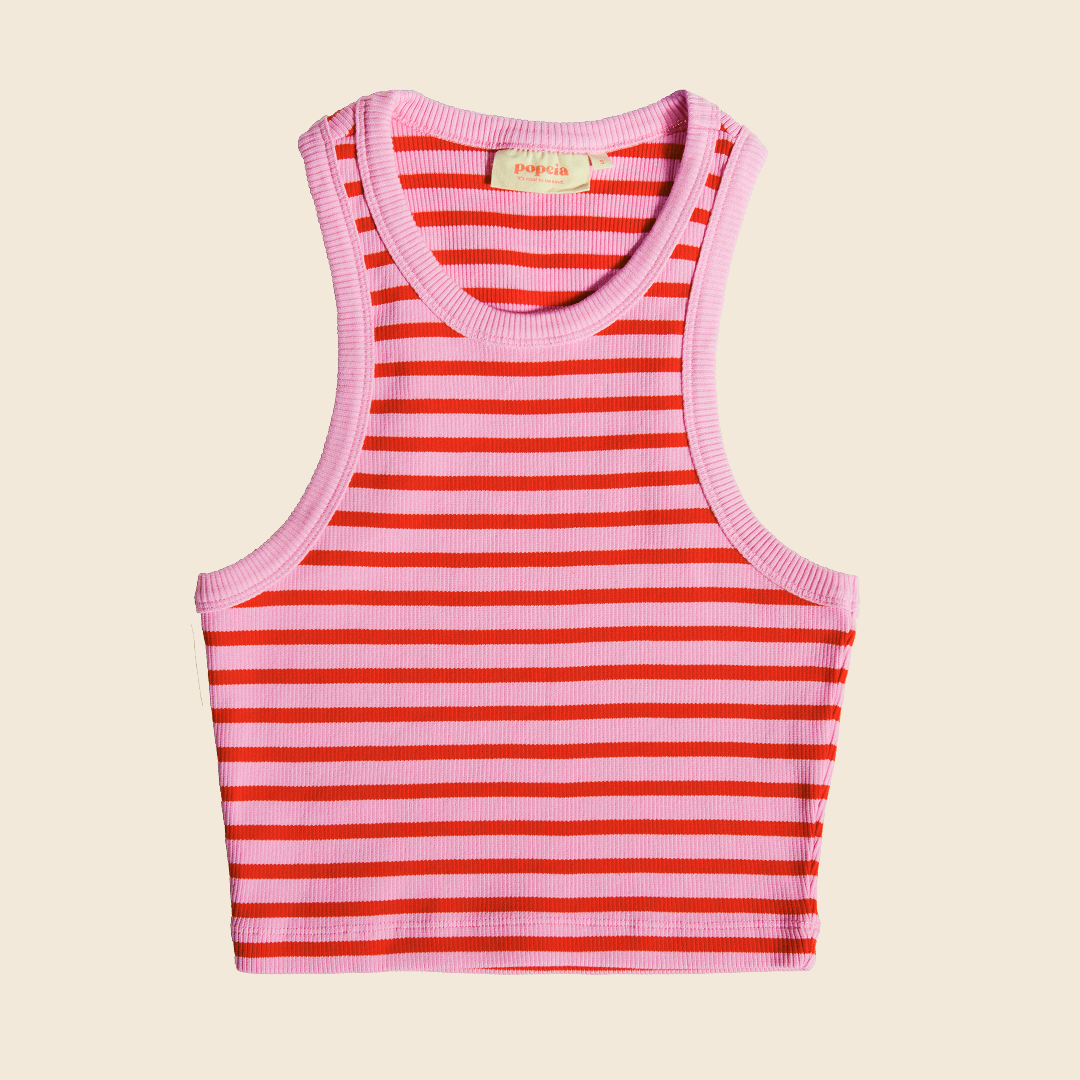The 24/7 Crop Top aus Bio-Baumwolle Gestreift in Pink/Rot