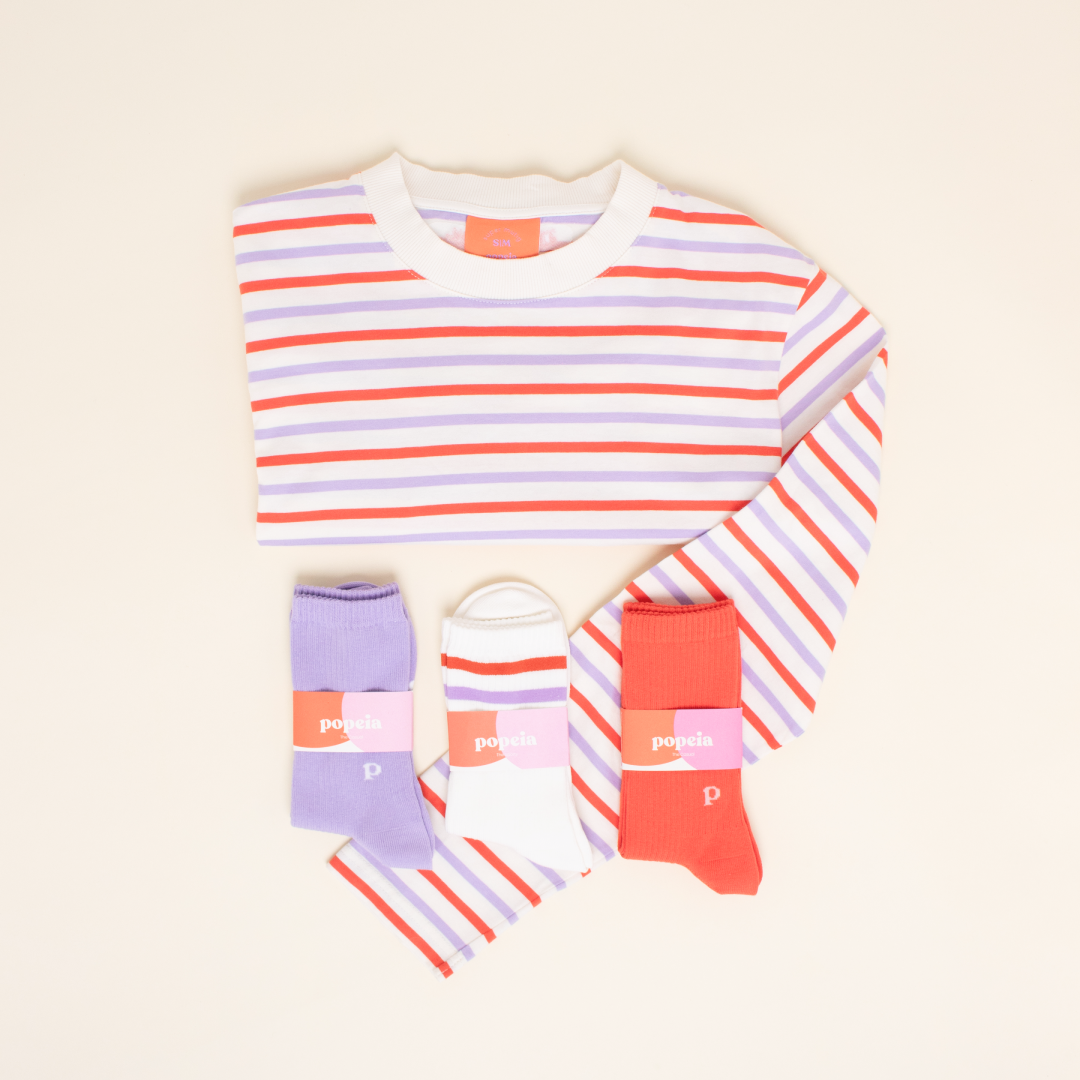 Langarmshirt Set Gestreift in Lila/Rot/Weiß