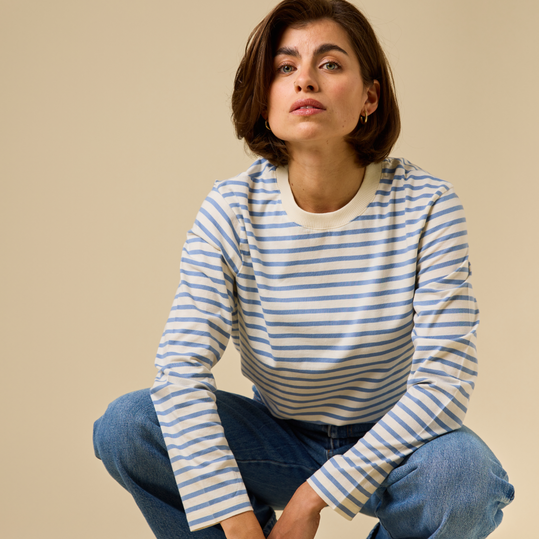 Langarmshirt Gestreift aus Bio-Baumwolle in Eisblau/Off-White