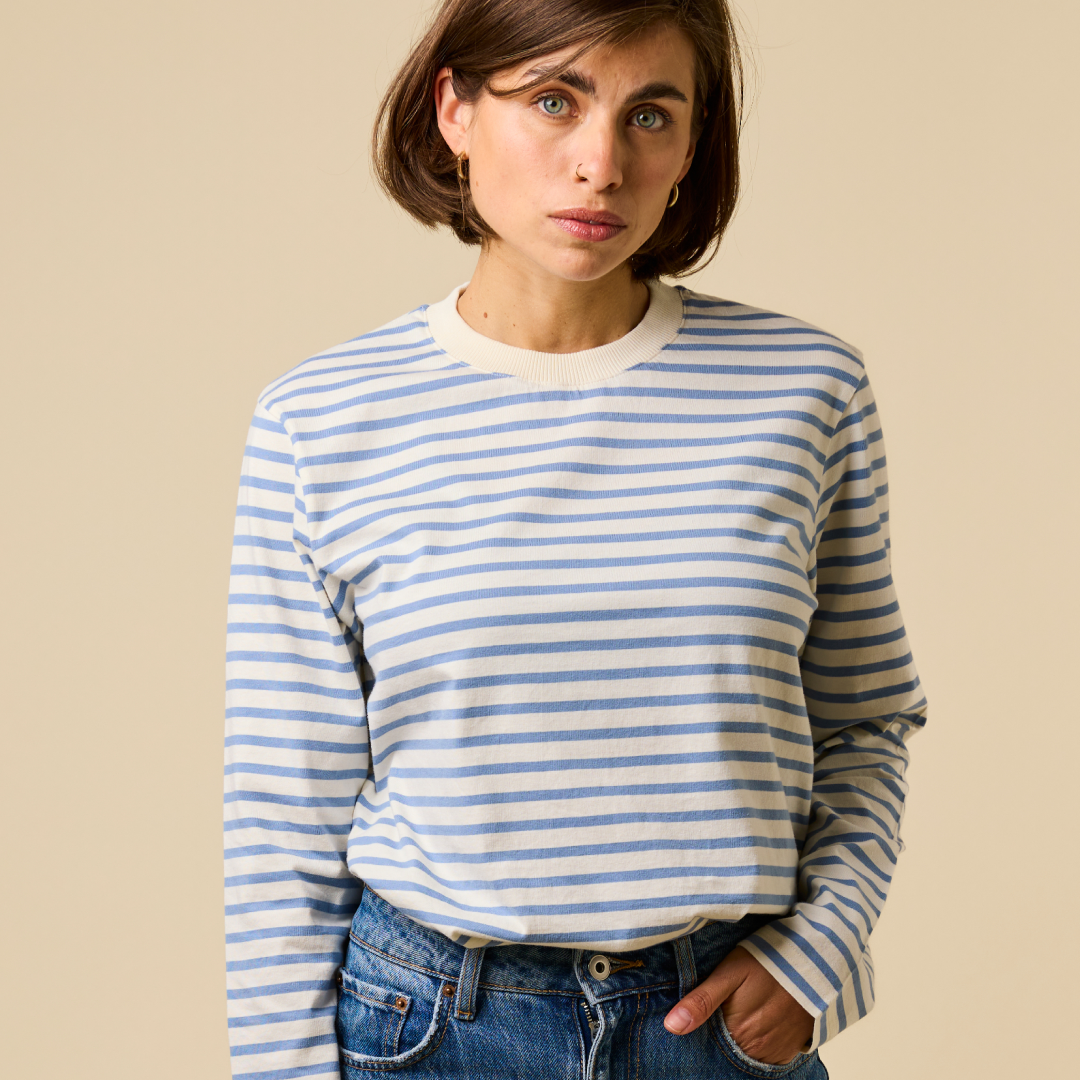 Langarmshirt Gestreift aus Bio-Baumwolle in Eisblau/Off-White