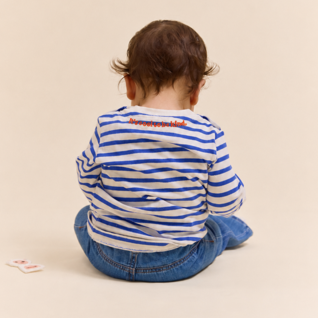 Baby Long-Sleeved Striped Organic Cotton Shirt in Royal Blue/Off-White