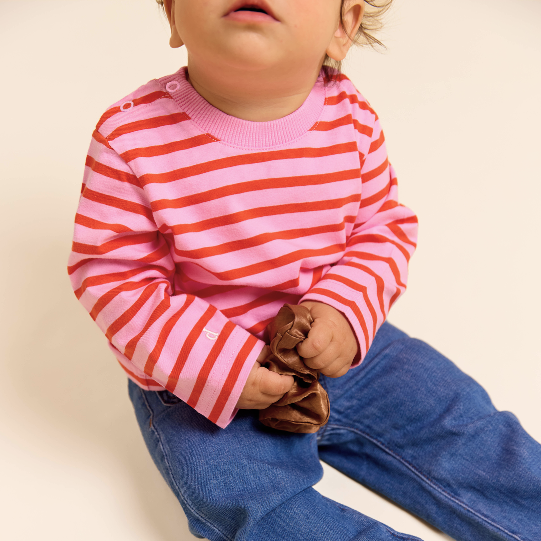 Baby Long-Sleeved Striped Organic Cotton Shirt in Pink/Red