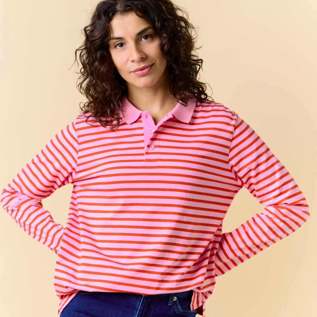 Poloshirt Gestreift aus Bio-Baumwolle in Pink/Rot