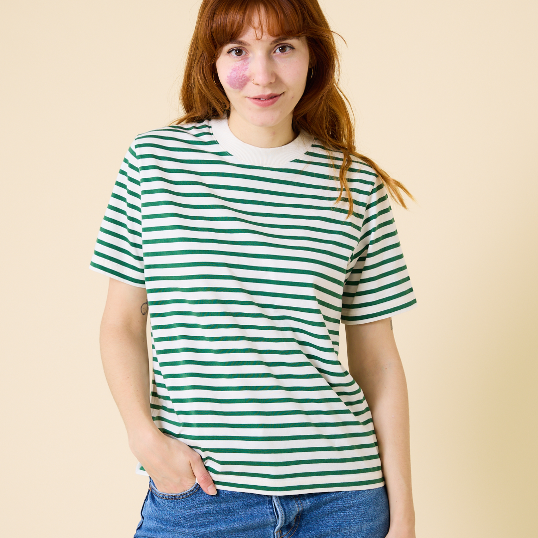 T-Shirt Gestreift aus Bio-Baumwolle in Grün/Off-White