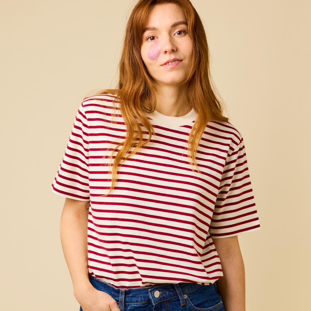 Organic Cotton T-Shirt (Striped) in Bordeaux/Off-White