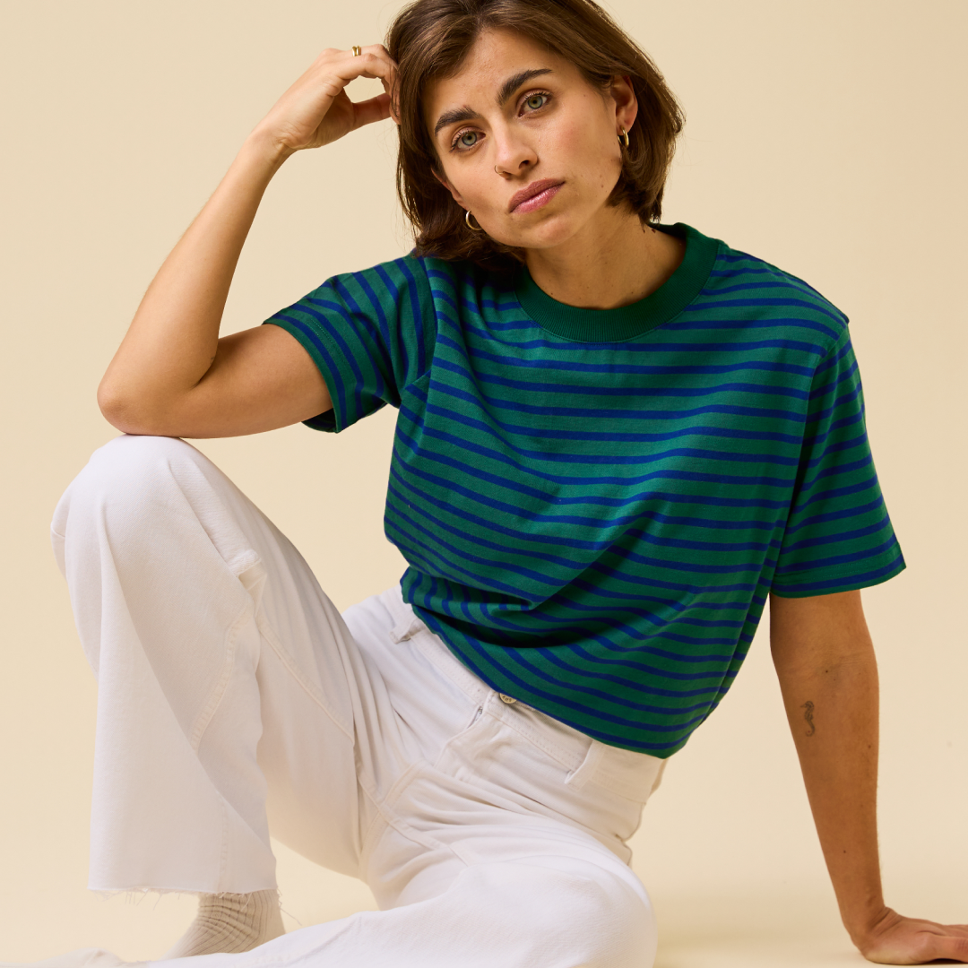 Organic Cotton T-Shirt (Striped) in Dark Green/Blue