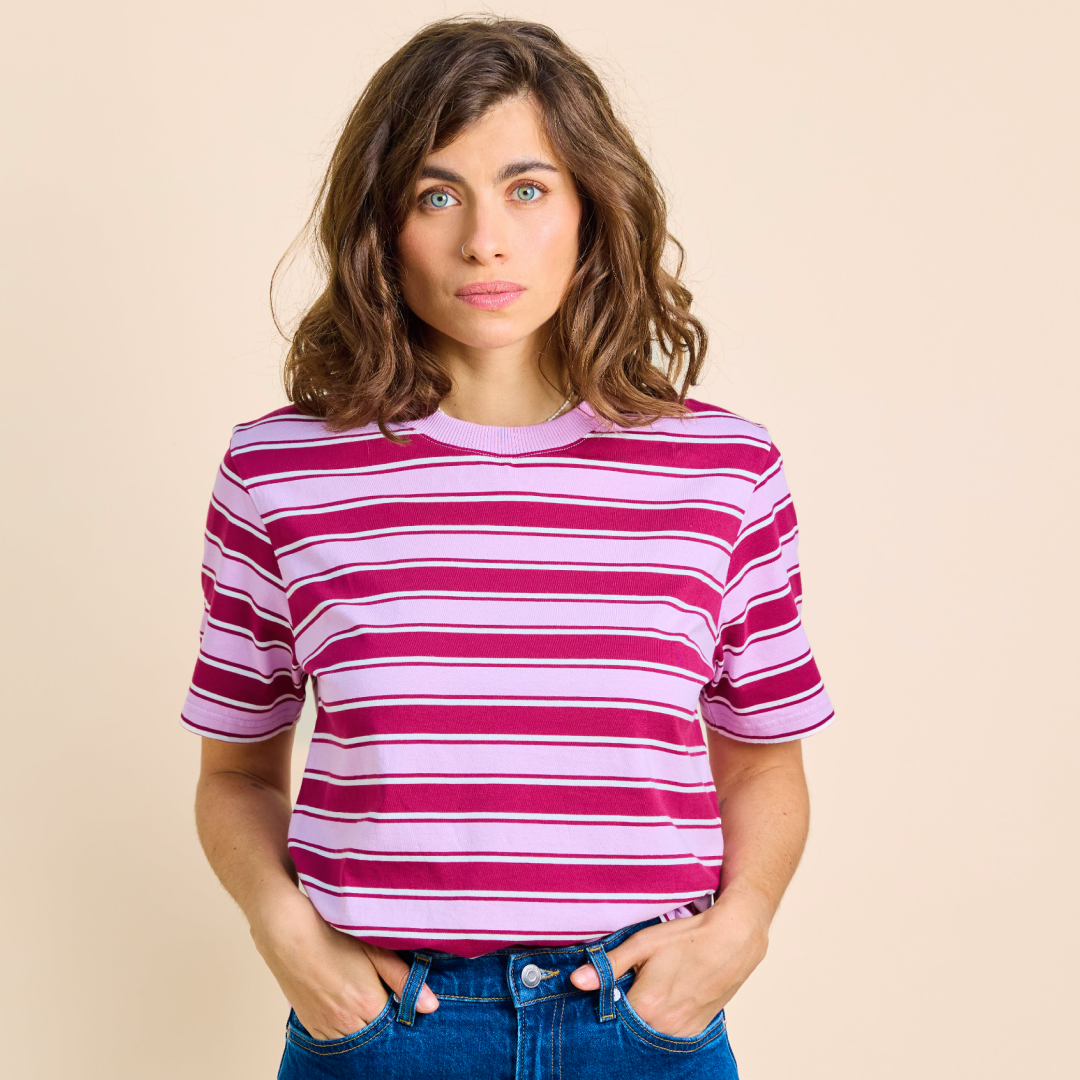 T-Shirt Gestreift aus Bio-Baumwolle in Aubergine/Pink