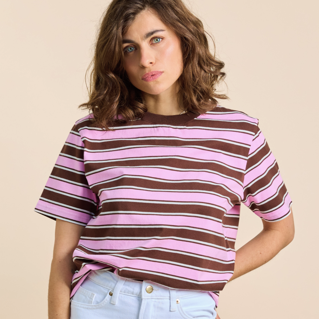 T-Shirt Gestreift aus Bio-Baumwolle in Braun/Pink