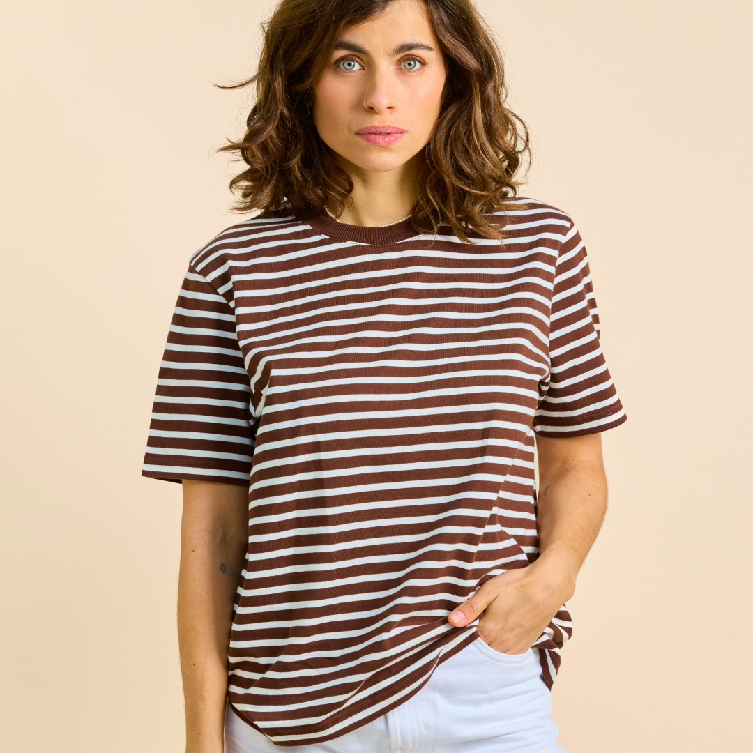 T-Shirt Gestreift aus Bio-Baumwolle in Braun/Off-White