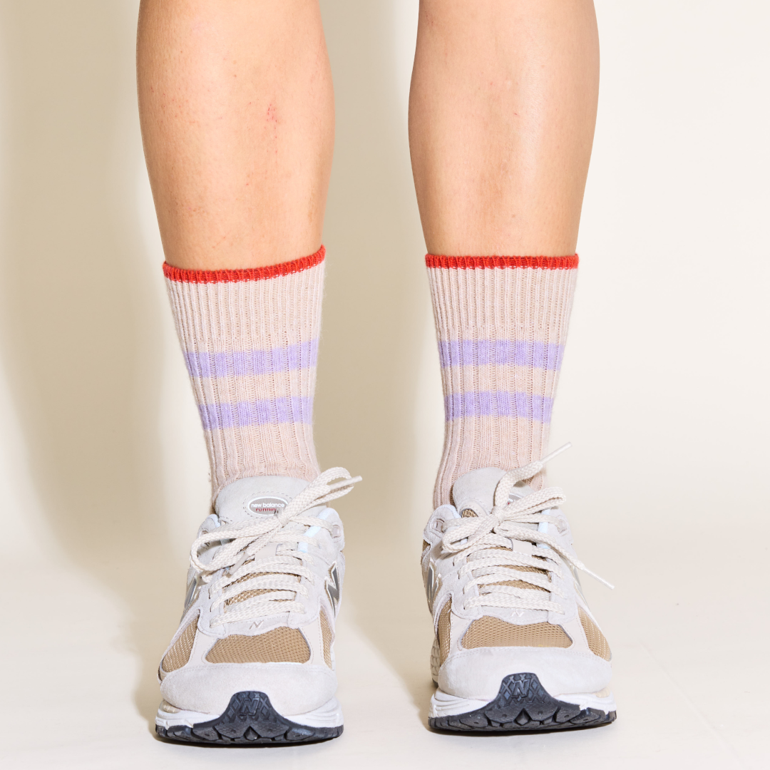 Set of 3: Knitted Wool Socks - Ecru/Lilac/Popeia Red