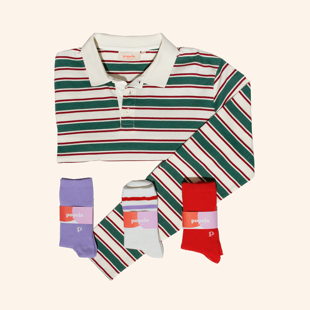 Striped Polo Shirt Set in Dark Green/Bordeaux