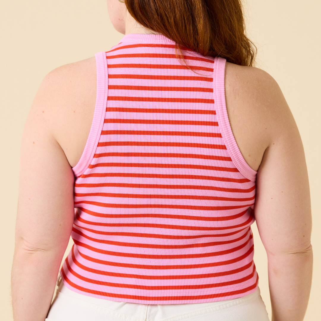 The 24/7 Crop Top aus Bio-Baumwolle Gestreift in Pink/Rot