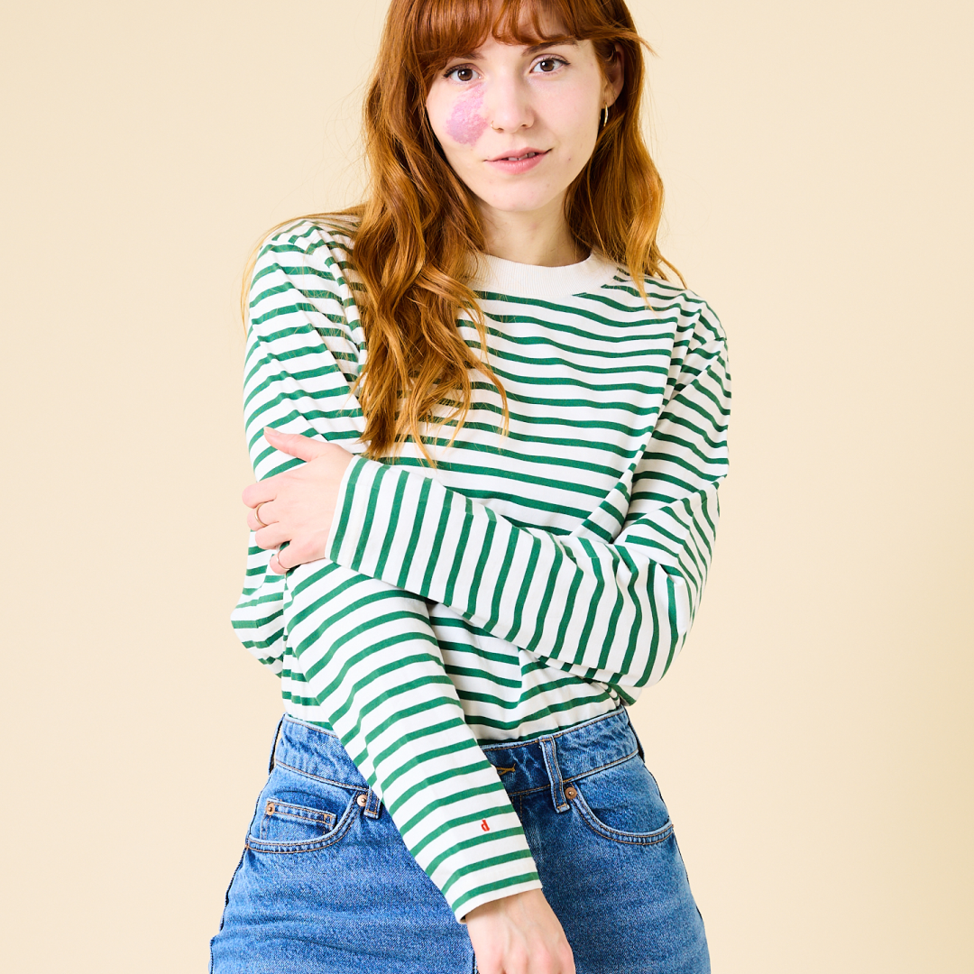Langarmshirt Gestreift aus Bio-Baumwolle in Grün/Off-White