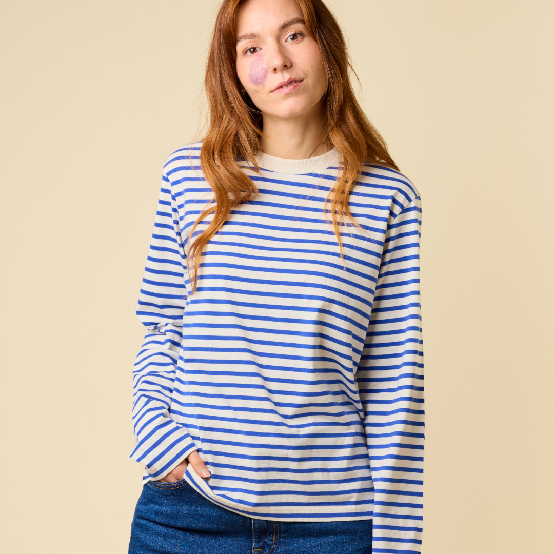 Langarmshirt Gestreift aus Bio-Baumwolle in Königsblau/Off-White