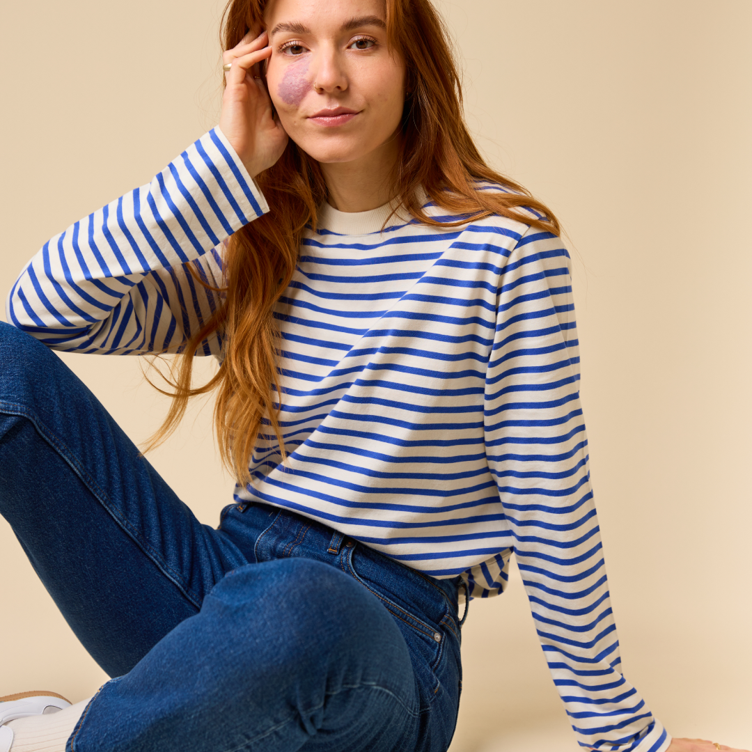 Langarmshirt Gestreift aus Bio-Baumwolle in Königsblau/Off-White