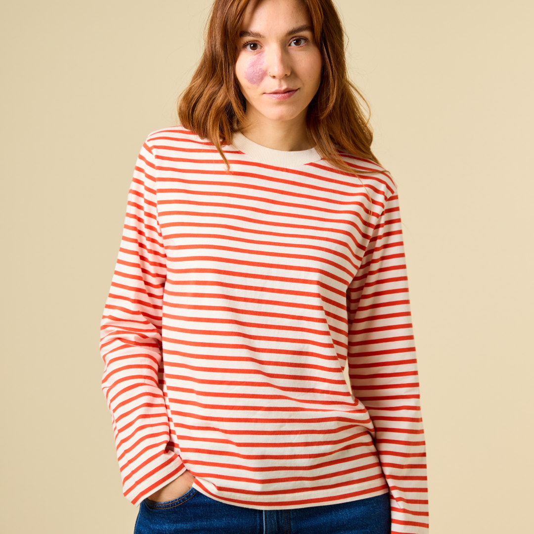 Langarmshirt Gestreift aus Bio-Baumwolle in Popeia Rot/Off-White