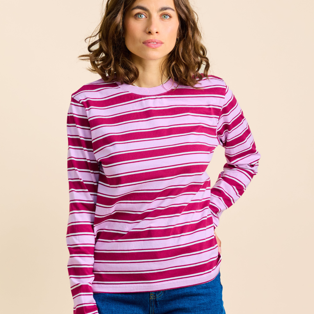 Langarmshirt Gestreift aus Bio-Baumwolle in Aubergine/Pink