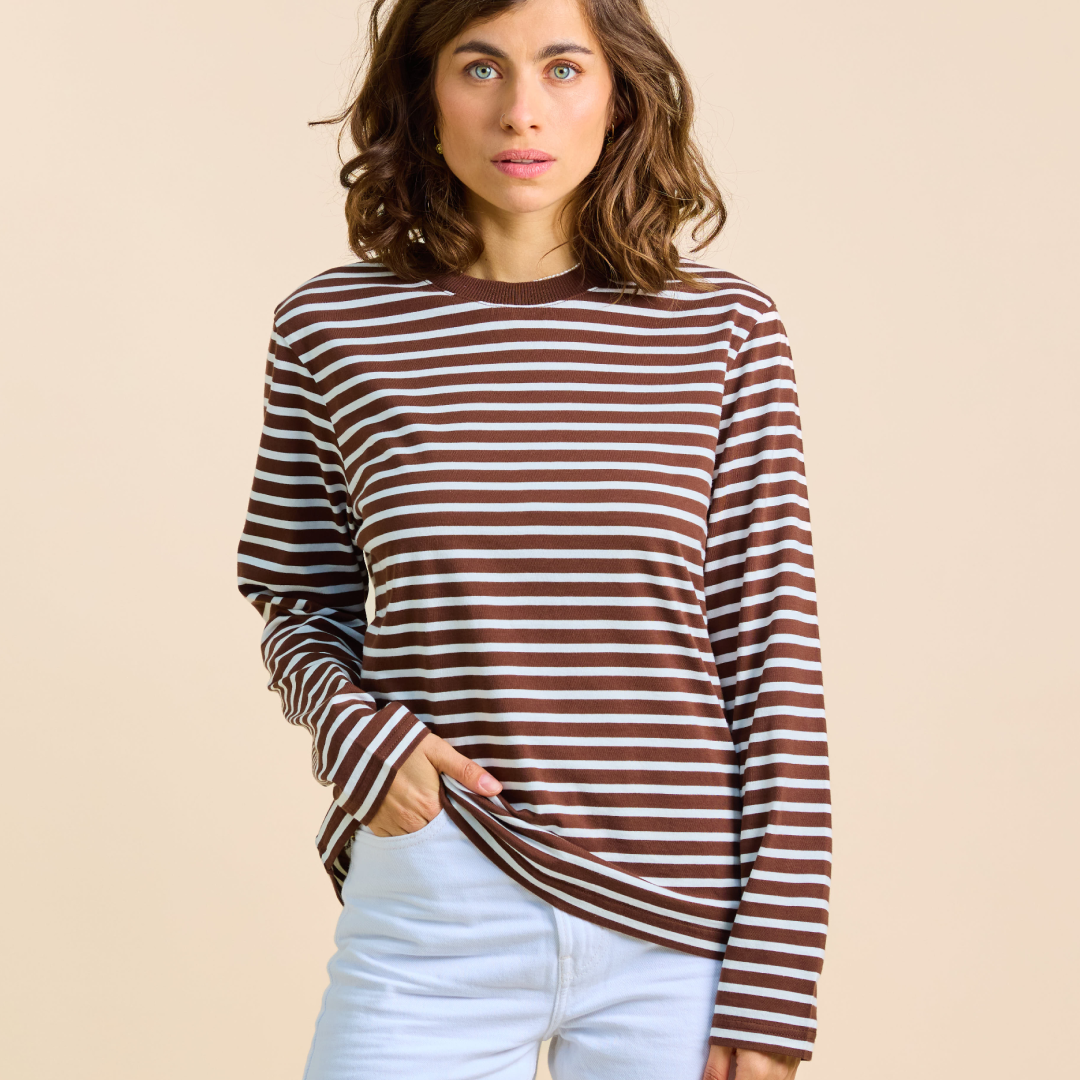 Langarmshirt Gestreift aus Bio-Baumwolle in Braun/Off-White