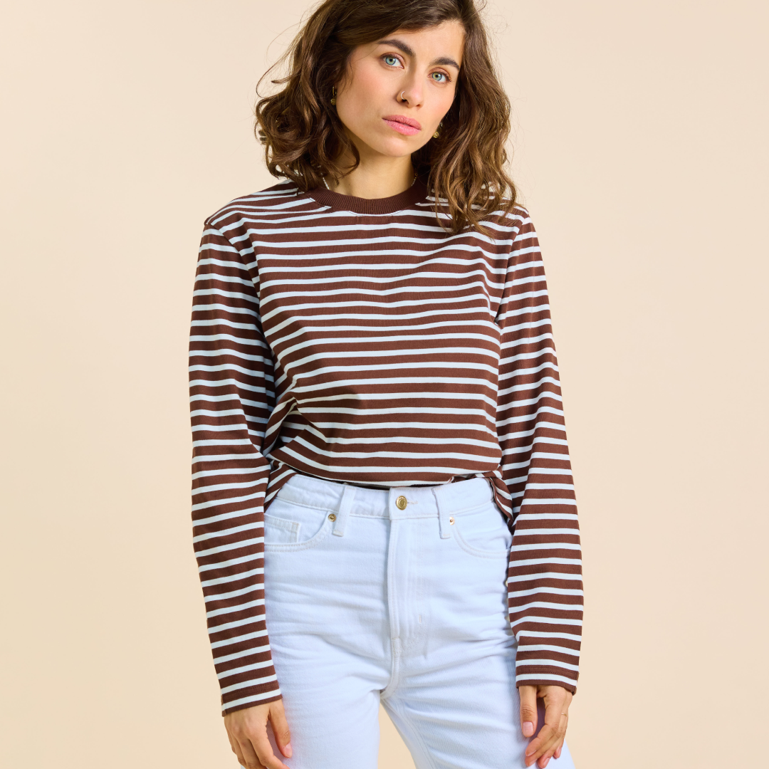 Langarmshirt Gestreift aus Bio-Baumwolle in Braun/Off-White