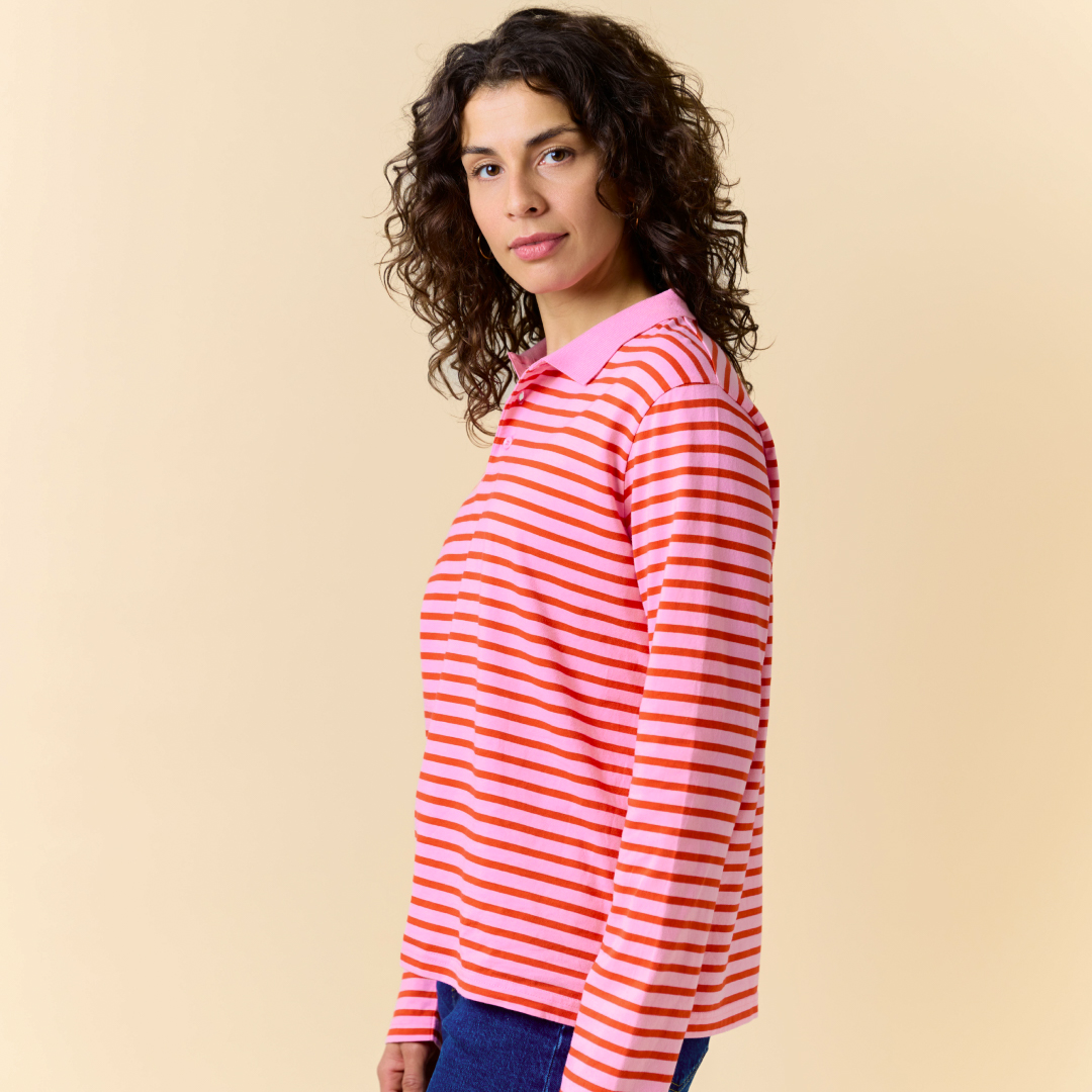 Poloshirt Gestreift aus Bio-Baumwolle in Pink/Rot