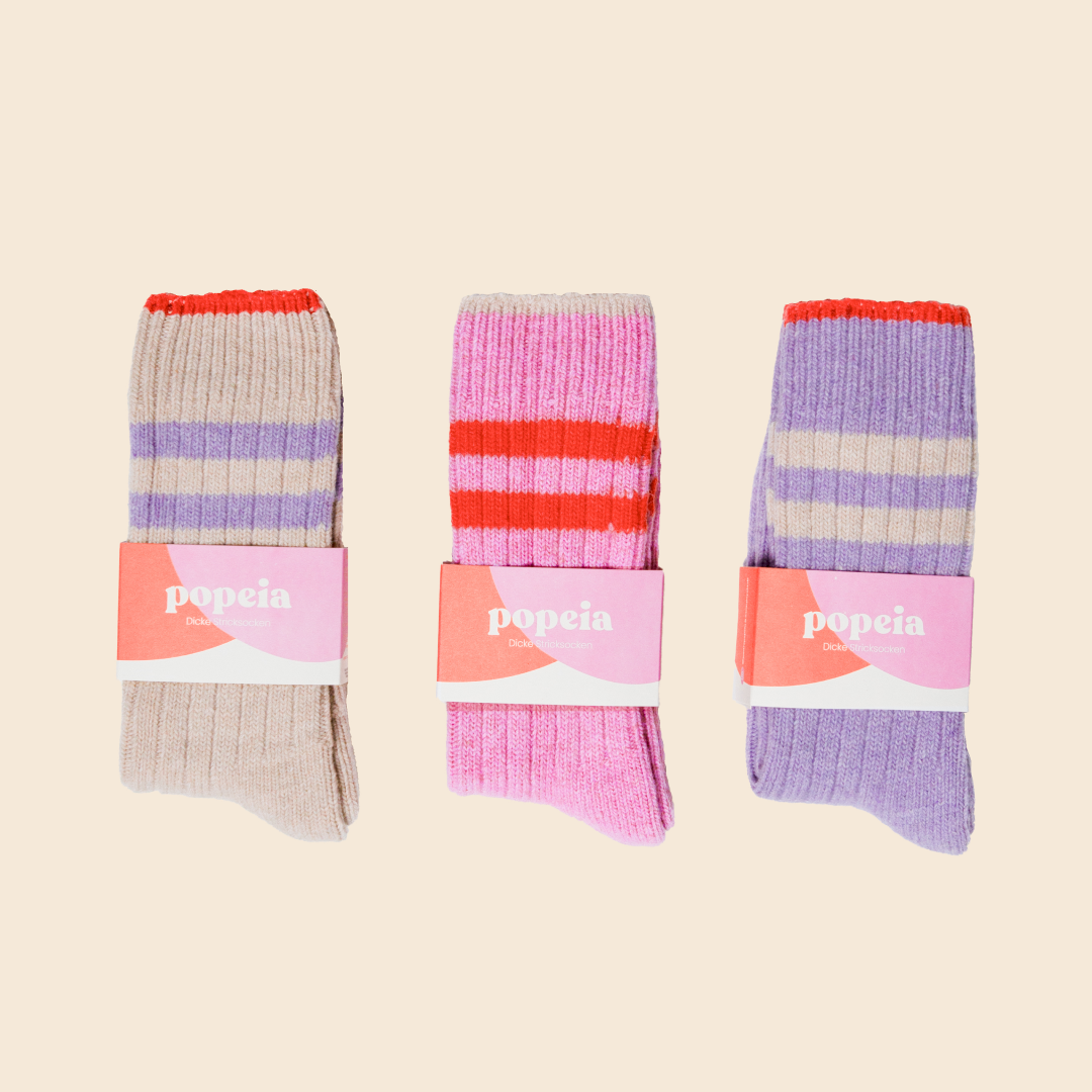Set of 3: Knitted Wool Socks - Ecru/Pink/Lilac