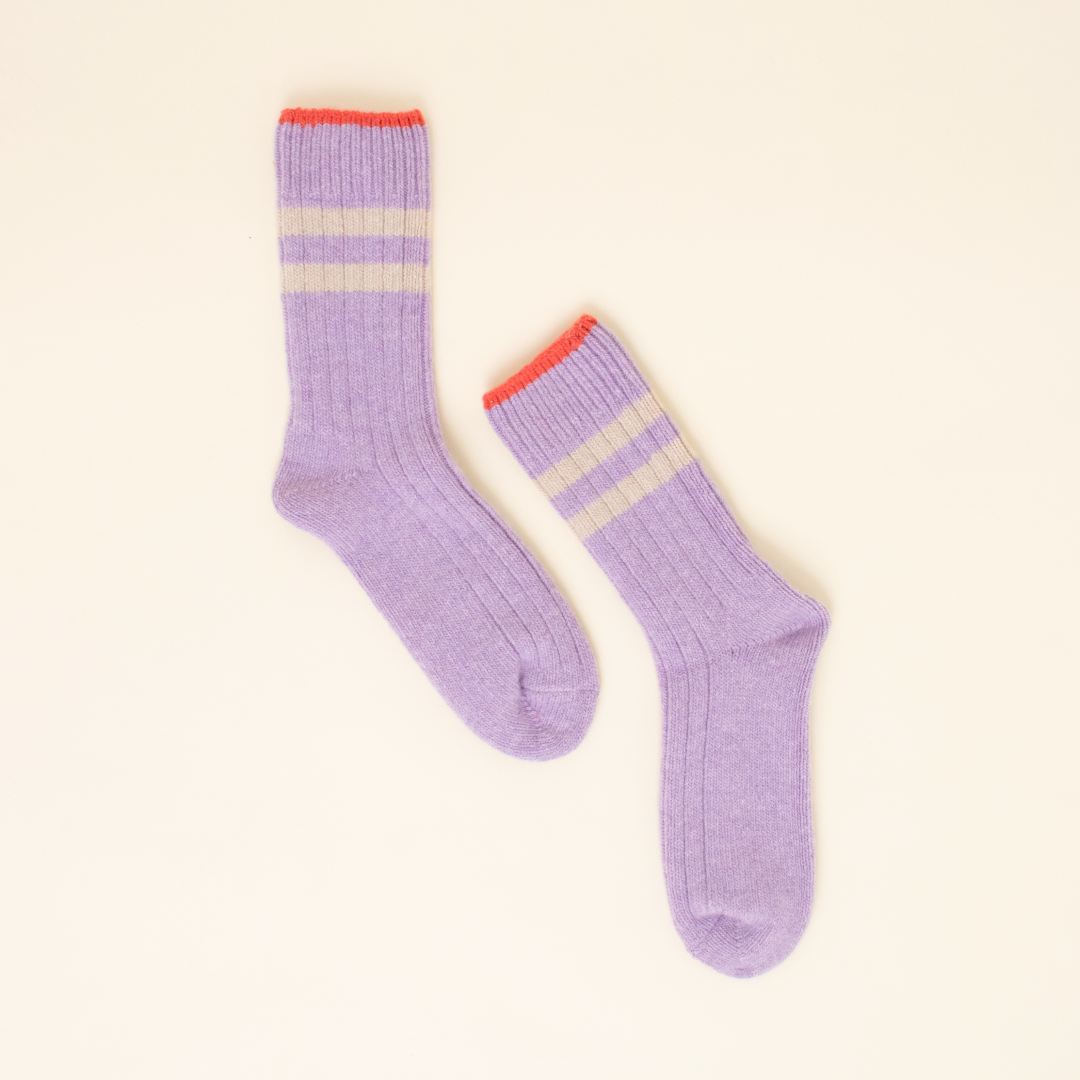 Dicke Stricksocken 3er Set - Ecru/Lila/popeia Rot