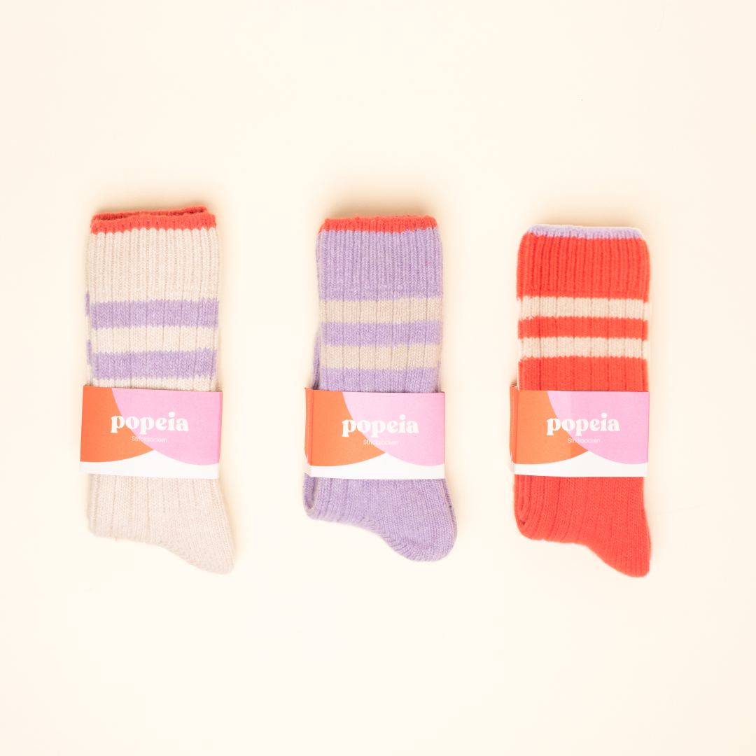 Dicke Stricksocken 3er Set - Ecru/Lila/popeia Rot