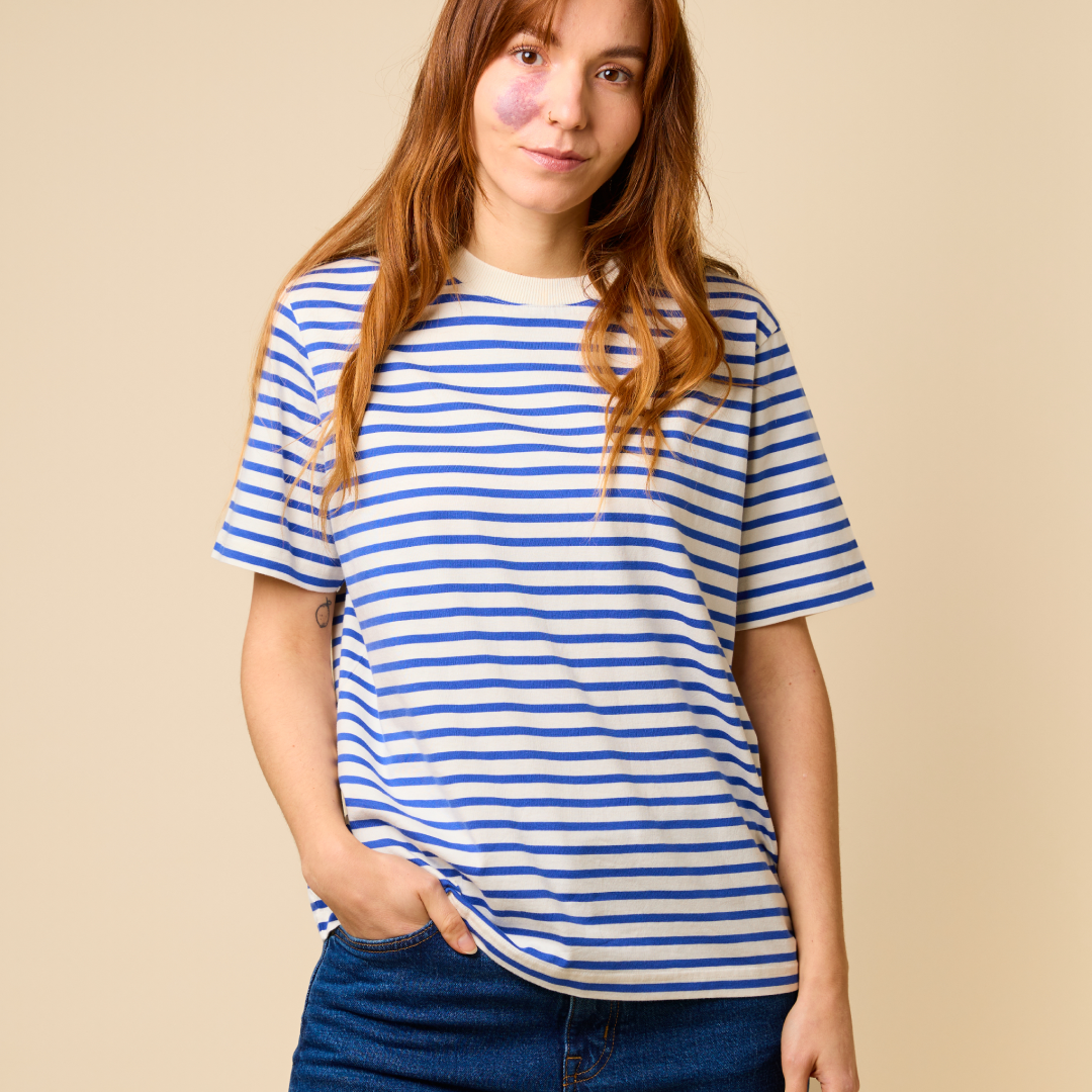 T-Shirt Gestreift aus Bio-Baumwolle in Königsblau/Off-White