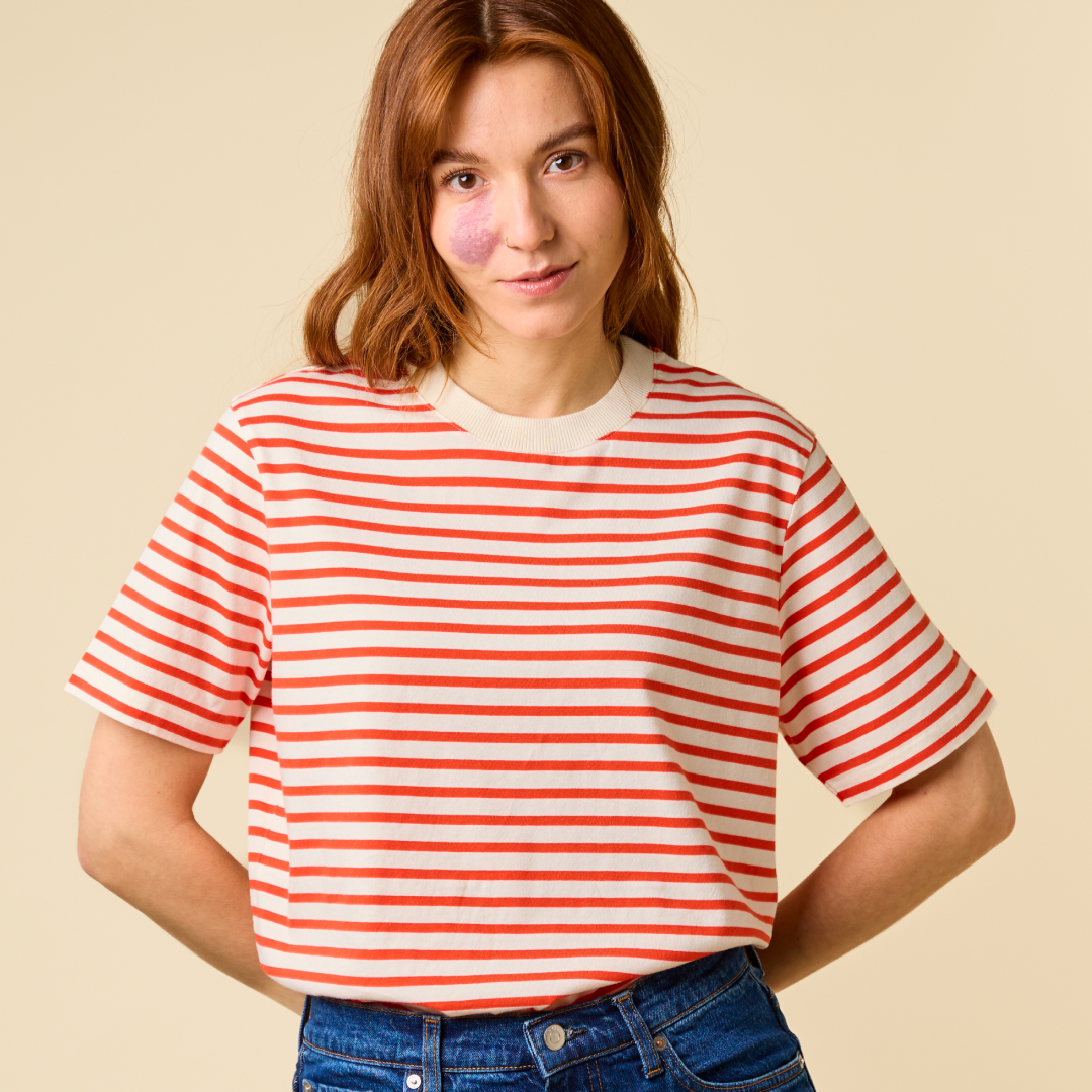 T-Shirt Gestreift aus Bio-Baumwolle in Popeia Rot/Off-White
