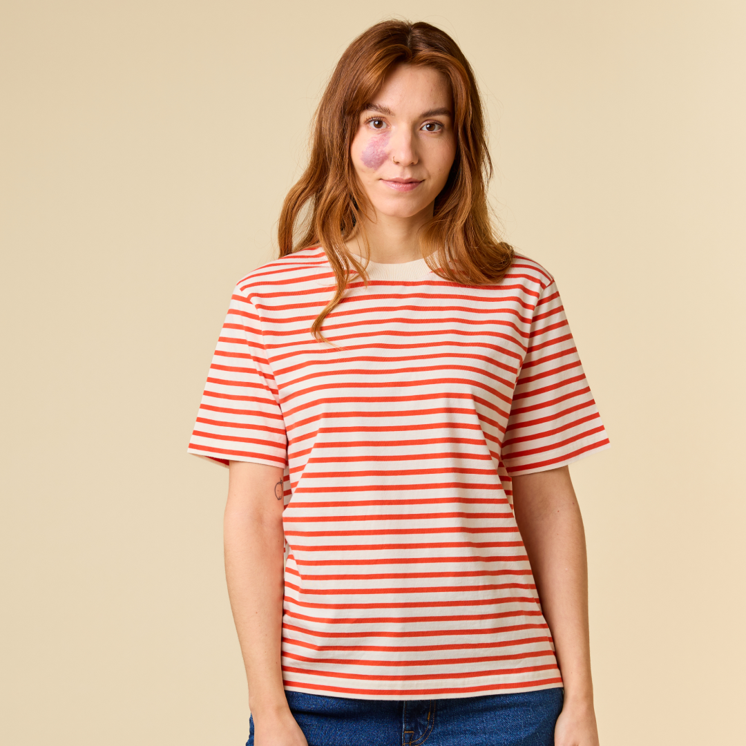 T-Shirt Gestreift aus Bio-Baumwolle in Popeia Rot/Off-White