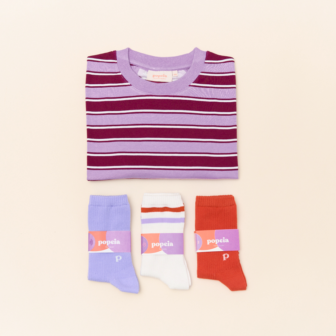 T-Shirt Set Gestreift in Aubergine/Pink