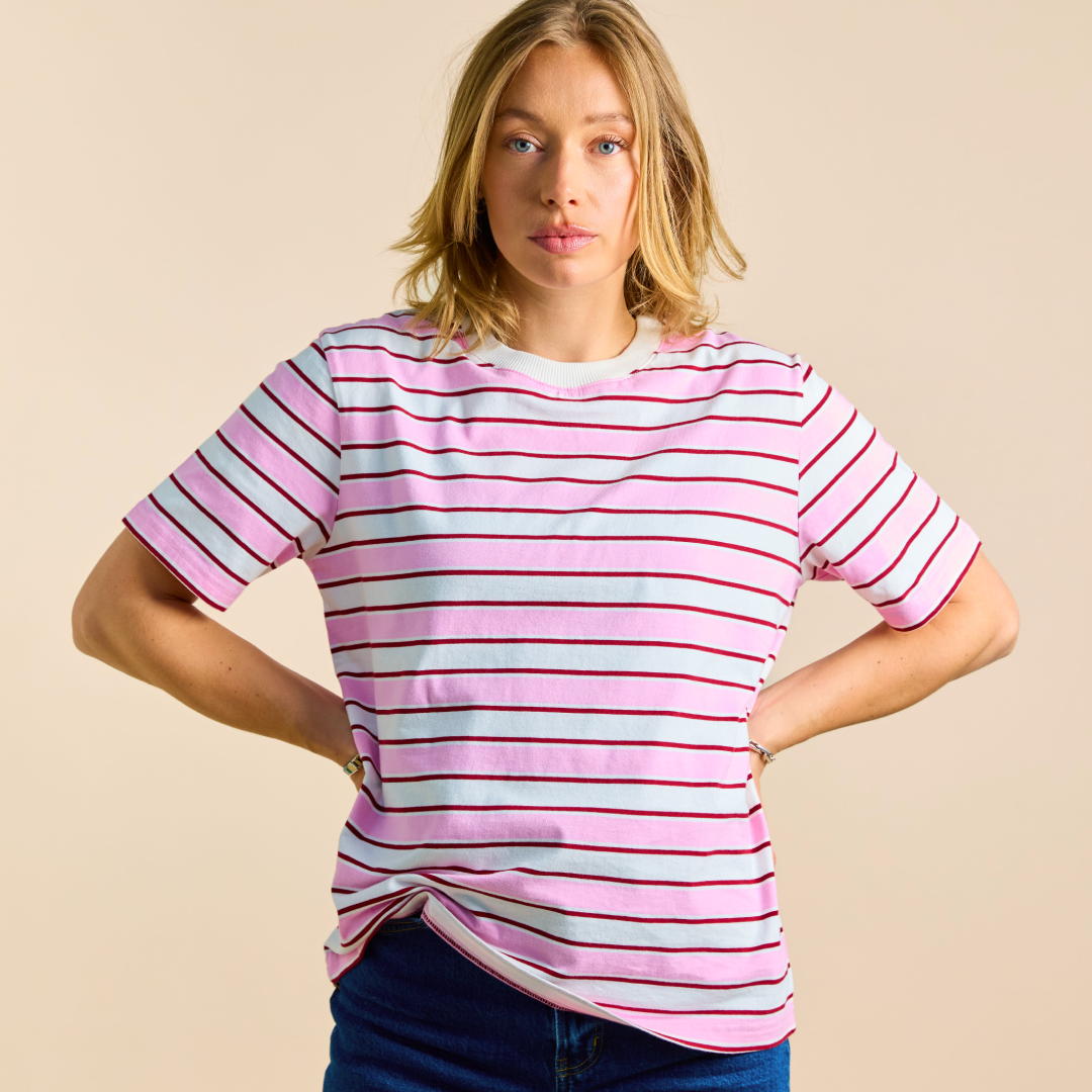 T-Shirt Gestreift aus Bio-Baumwolle in Weiß/Pink