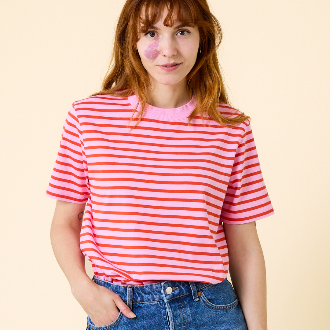 T-Shirt Gestreift aus Bio-Baumwolle in Pink/Rot
